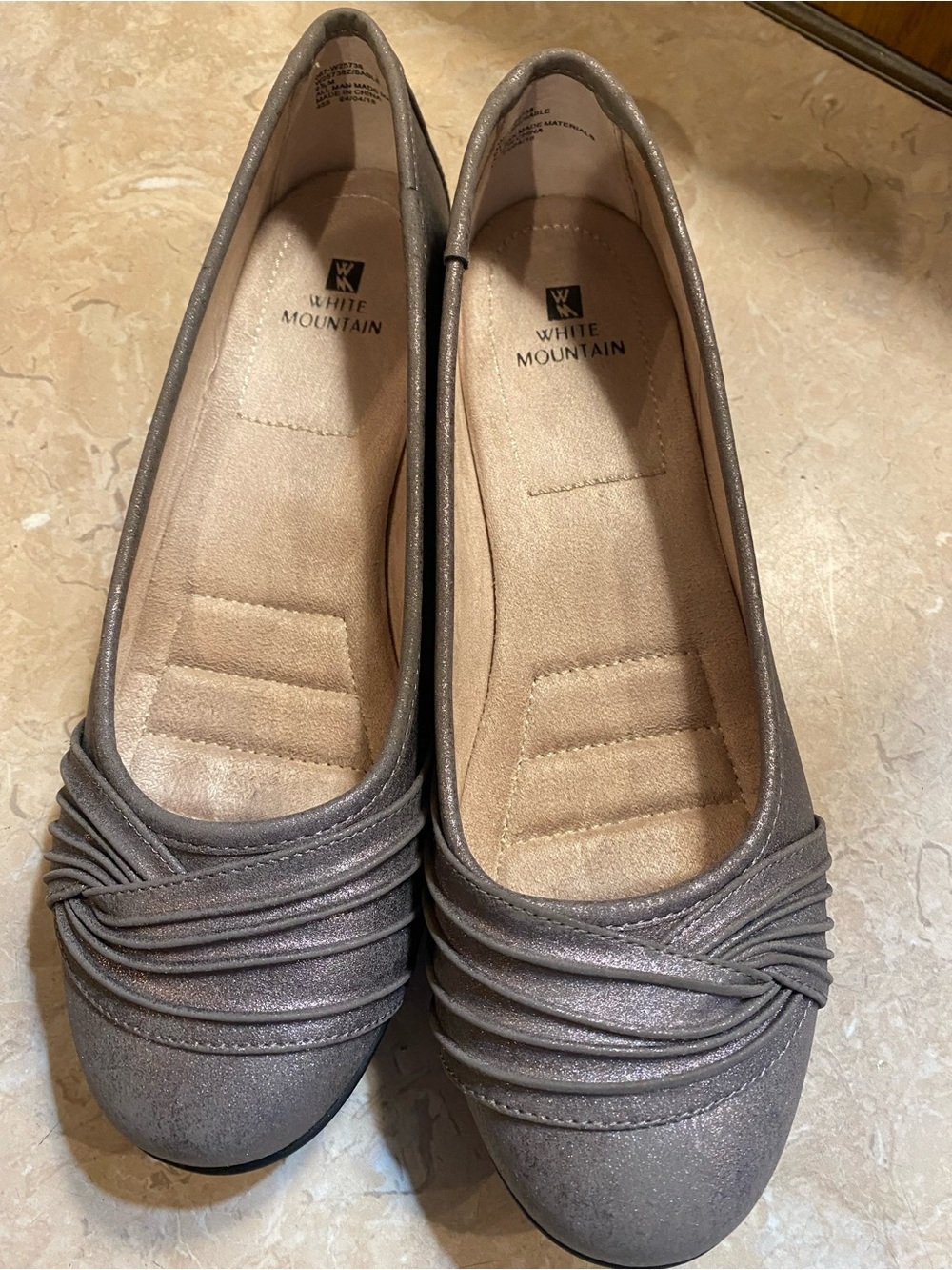White Mountain Metallic Taupe Ruched Ballet Flats